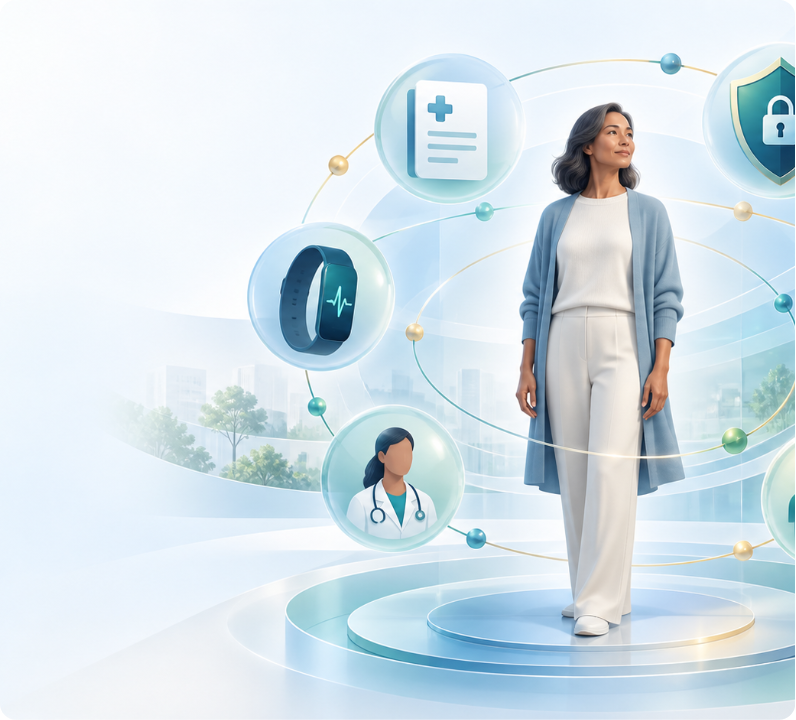 Mulher em um ambiente de saúde digital, cercada por elementos de cuidado, dados e proteção.